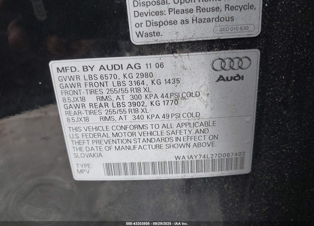 2007 AUDI Q7 VIN: WA1AY74L27D067402