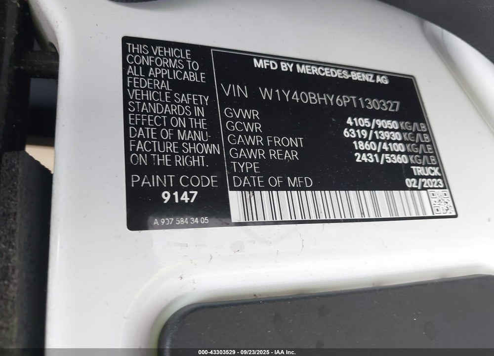 2023 MERCEDES-BENZ SPRINTER 2500 STANDARD ROOF 4-CYL GAS VIN: W1Y40BHY6PT130327