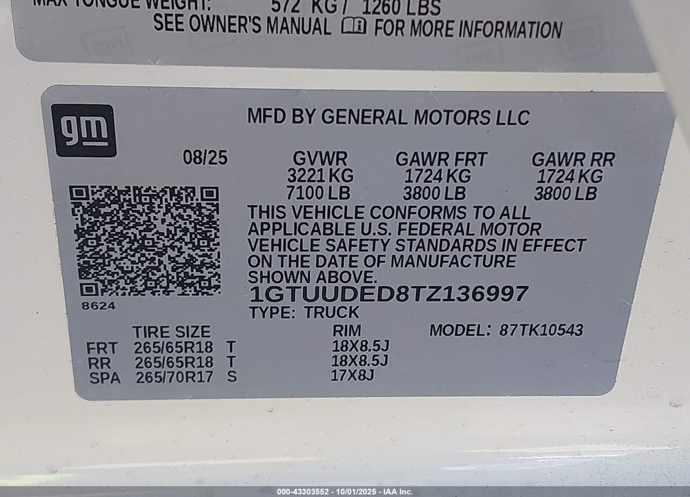 2026 GMC SIERRA 1500 SLT VIN: 1GTUUDED8TZ136997