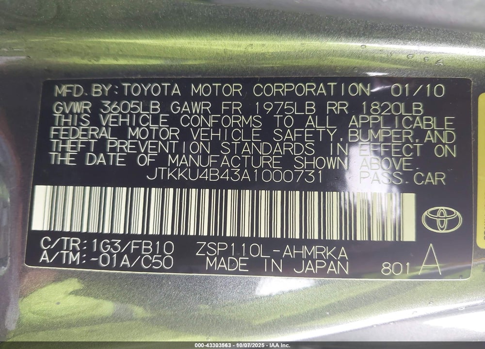 2010 SCION XD VIN: JTKKU4B43A1000731