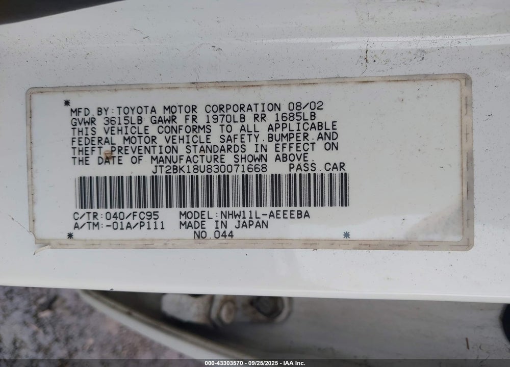 2003 TOYOTA PRIUS VIN: JT2BK18U830071668