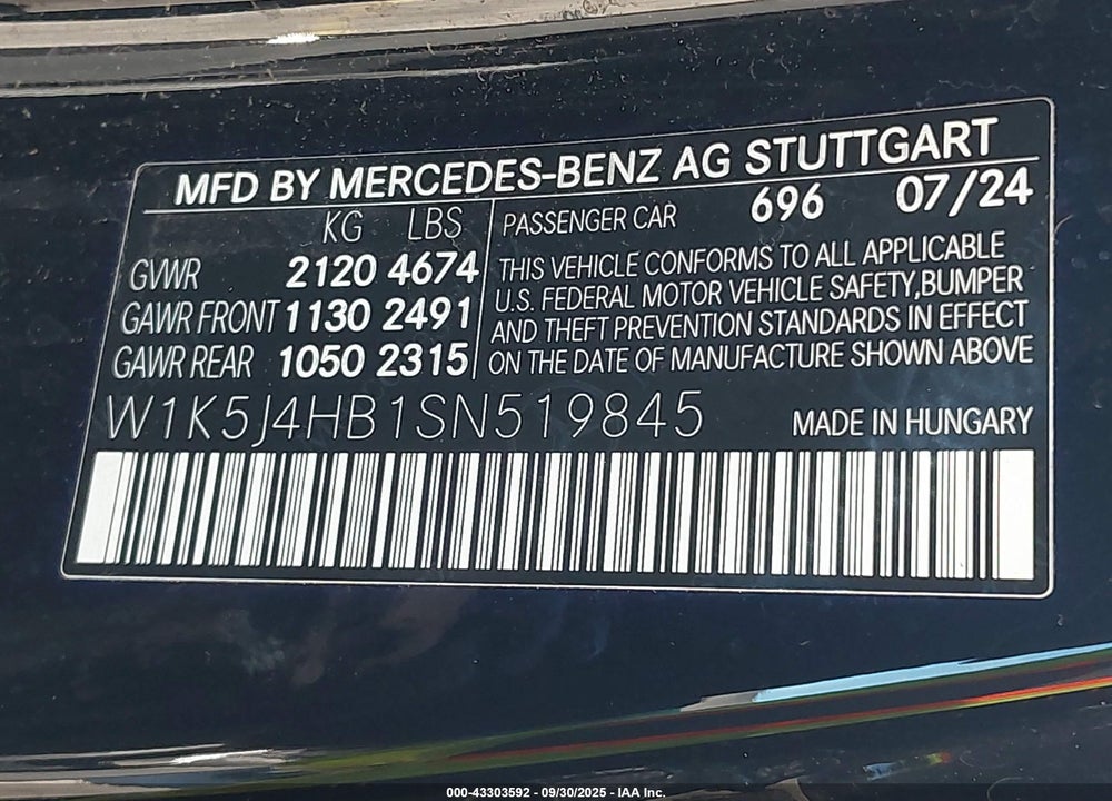 2025 MERCEDES-BENZ CLA-CLASS VIN: W1K5J4HB1SN519845