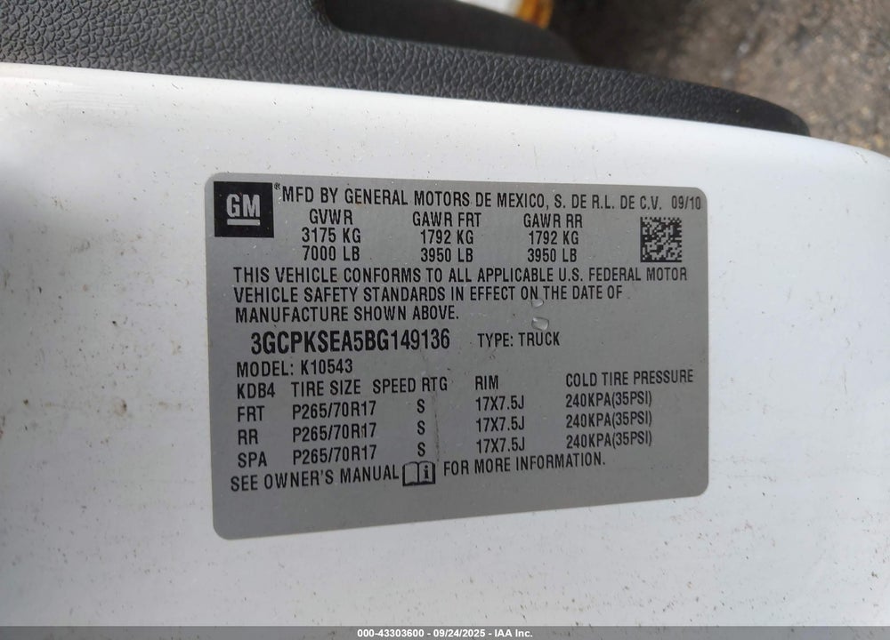 2011 CHEVROLET SILVERADO 1500 LT VIN: 3GCPKSEA5BG149136