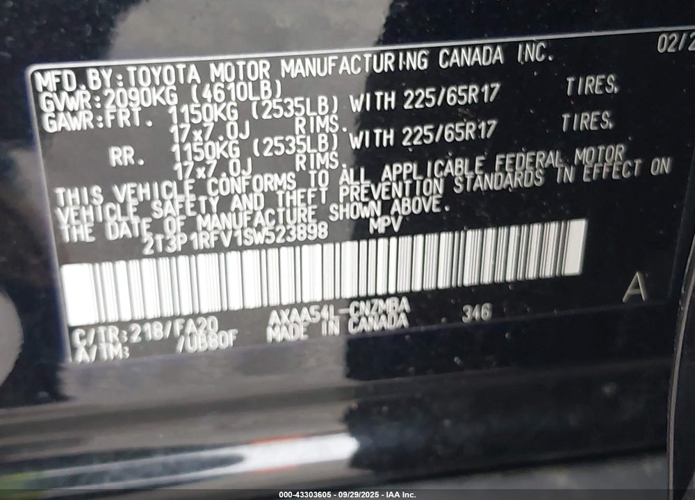 2025 TOYOTA RAV4 VIN: 2T3P1RFV1SW523898