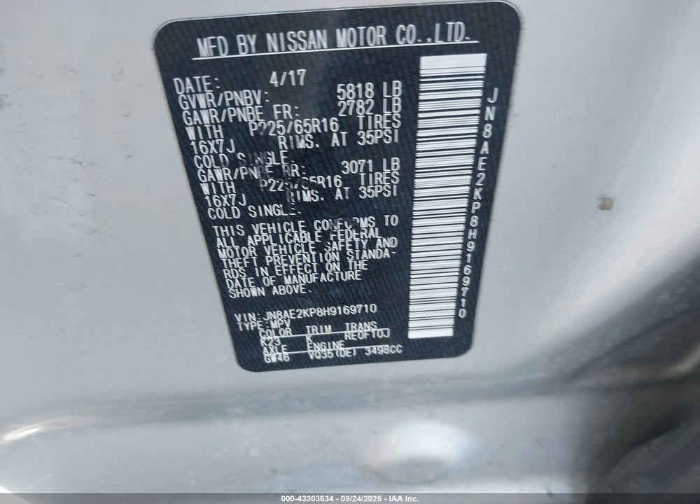 2017 NISSAN QUEST VIN: JN8AE2KP8H9169710