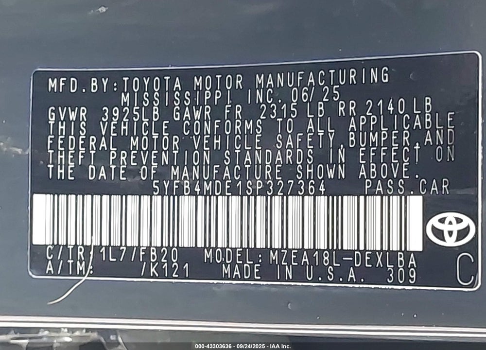 2025 TOYOTA COROLLA VIN: 5YFB4MDE1SP327364