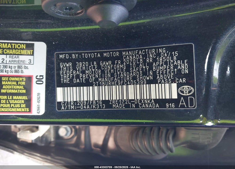 2015 TOYOTA COROLLA VIN: 2T1BURHE9FC405399