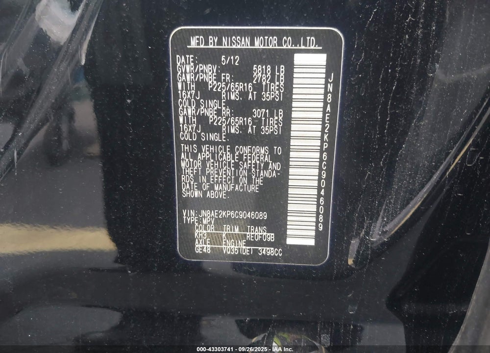 2012 NISSAN QUEST VIN: JN8AE2KP6C9046089