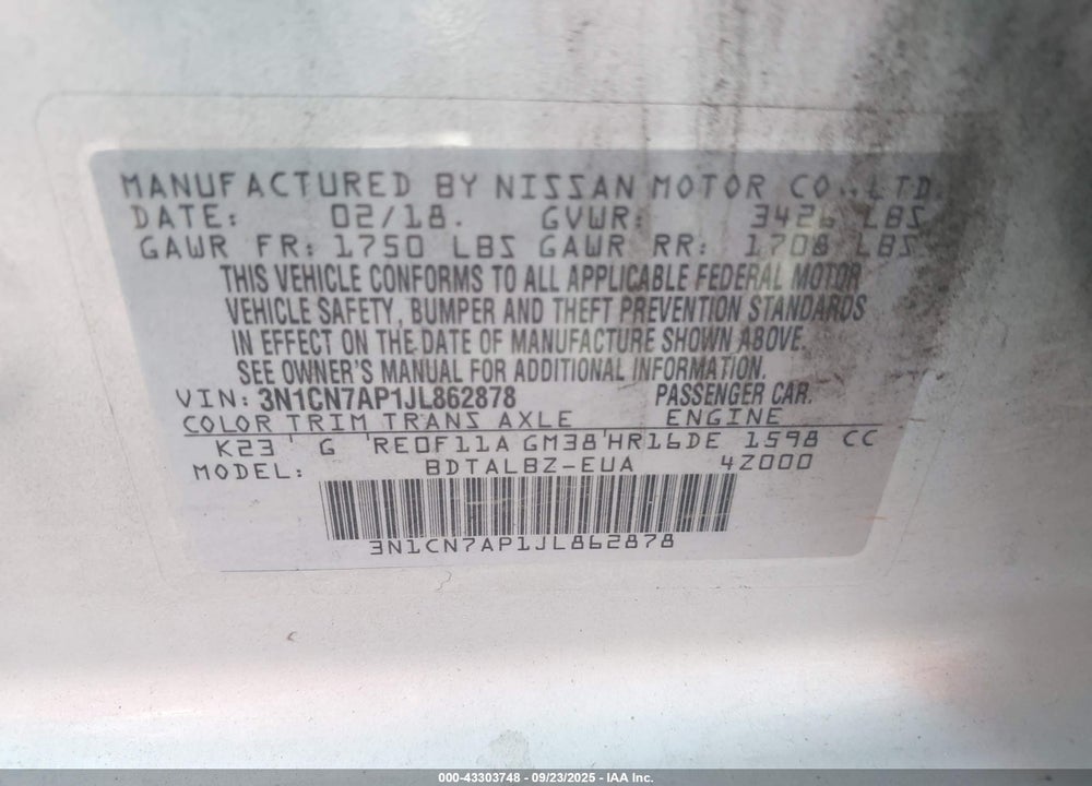 2018 NISSAN VERSA VIN: 3N1CN7AP1JL862878