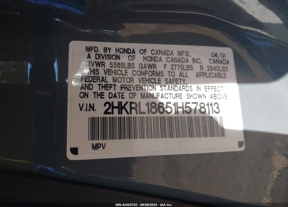 2001 HONDA ODYSSEY EX VIN: 2HKRL18651H578113