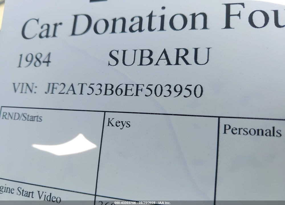 1984 SUBARU BRAT GL VIN: JF2AT53B6EF503950
