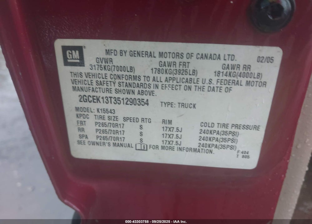 2005 CHEVROLET SILVERADO 1500 LS VIN: 2GCEK13T351290354