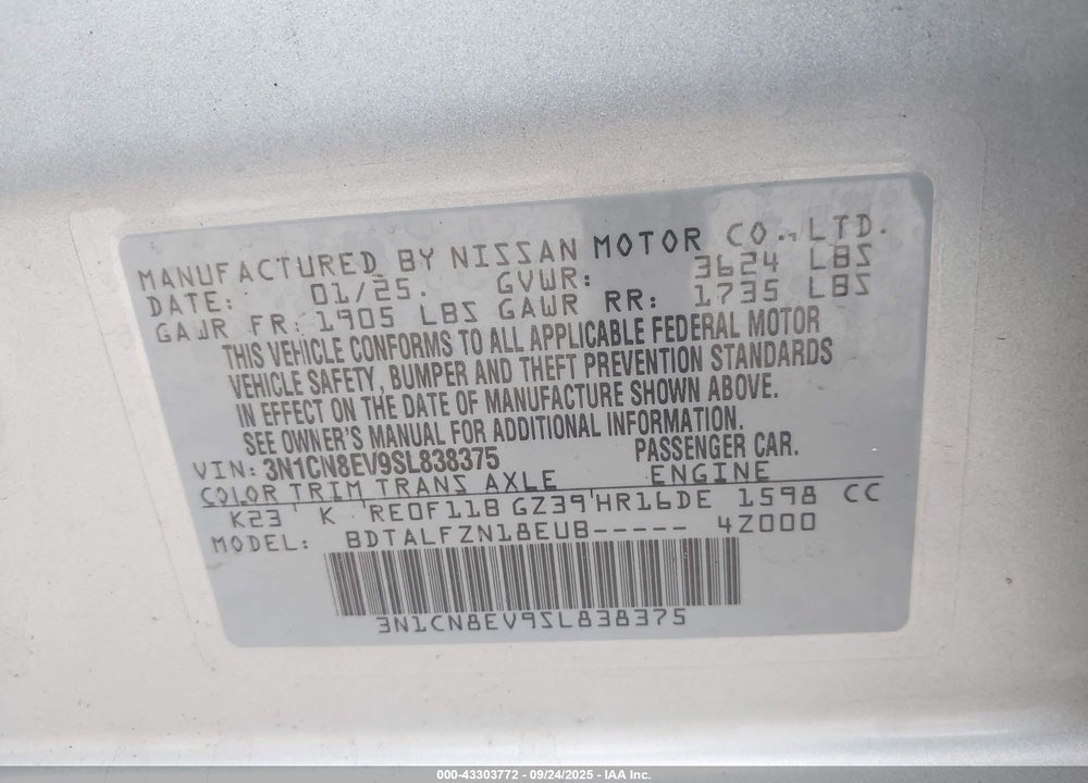 2025 NISSAN VERSA VIN: 3N1CN8EV9SL838375