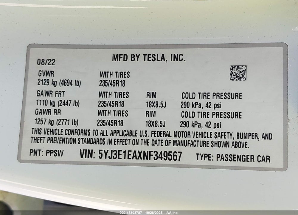 2022 TESLA MODEL 3 REAR-WHEEL DRIVE VIN: 5YJ3E1EAXNF349567