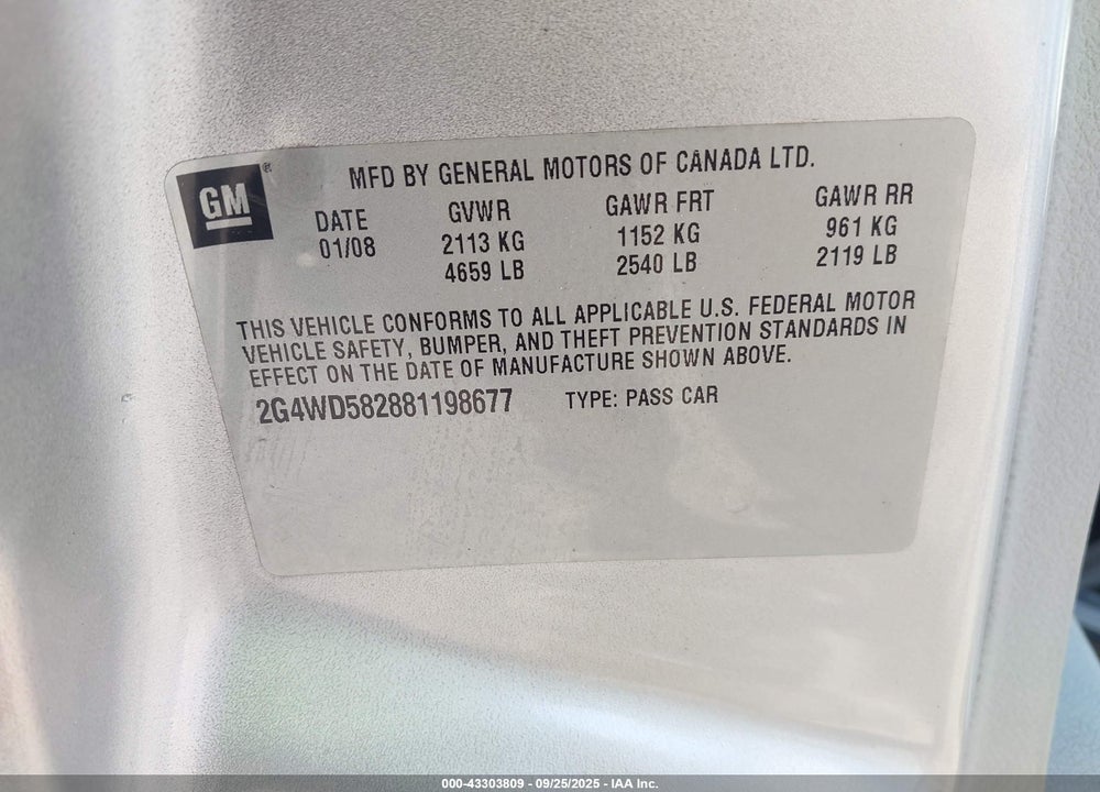 2008 BUICK LACROSSE VIN: 2G4WD582881198677