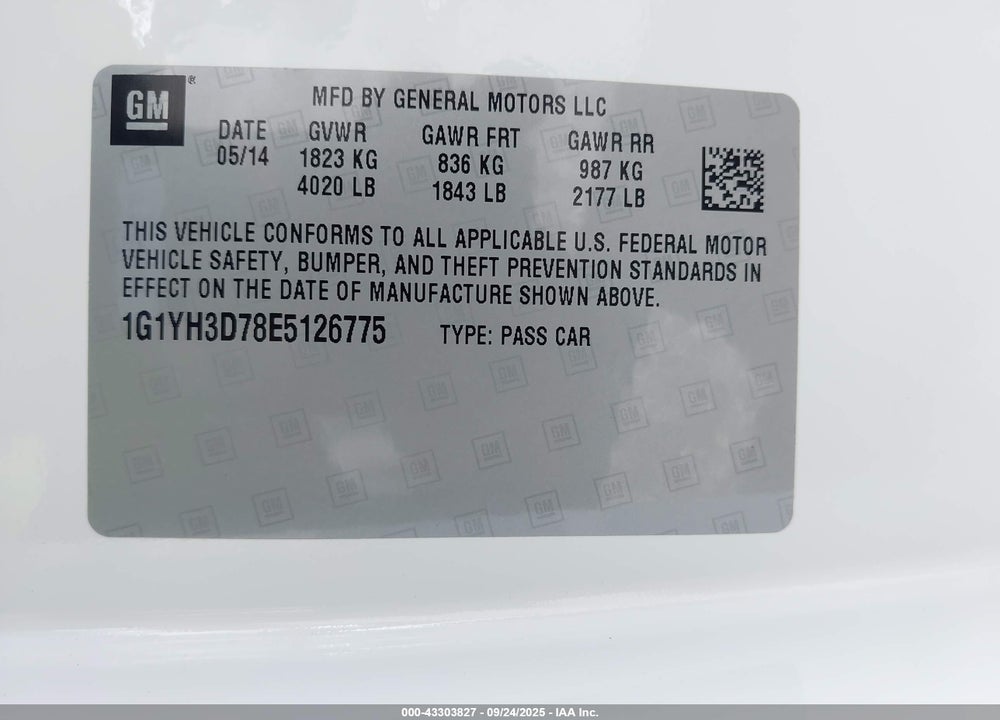 2014 CHEVROLET CORVETTE STINGRAY Z51 VIN: 1G1YH3D78E5126775