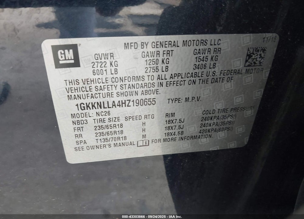 2017 GMC ACADIA SLE-2 VIN: 1GKKNLLA4HZ190655