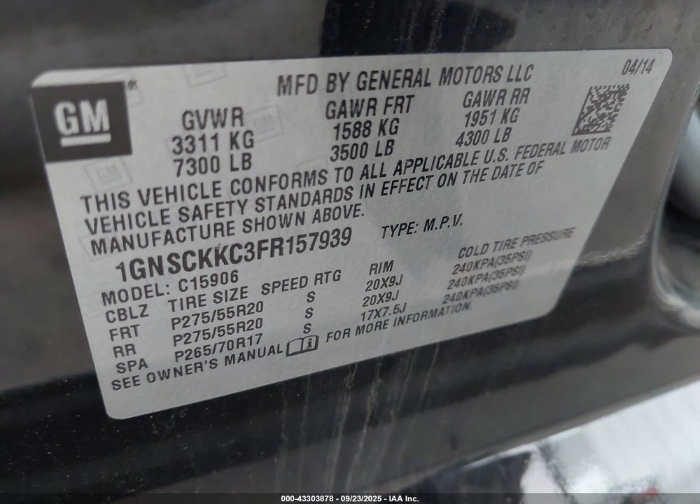 2015 CHEVROLET SUBURBAN 1500 LTZ VIN: 1GNSCKKC3FR157939