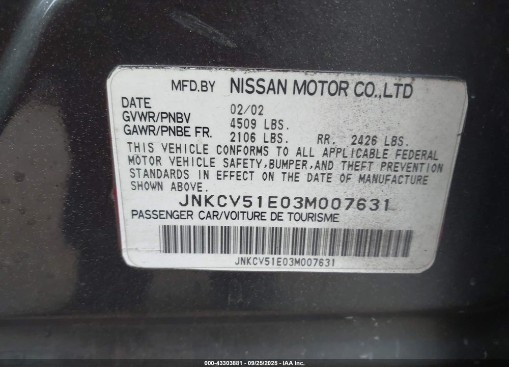 2003 INFINITI G35 LUXURY LEATHER VIN: JNKCV51E03M007631