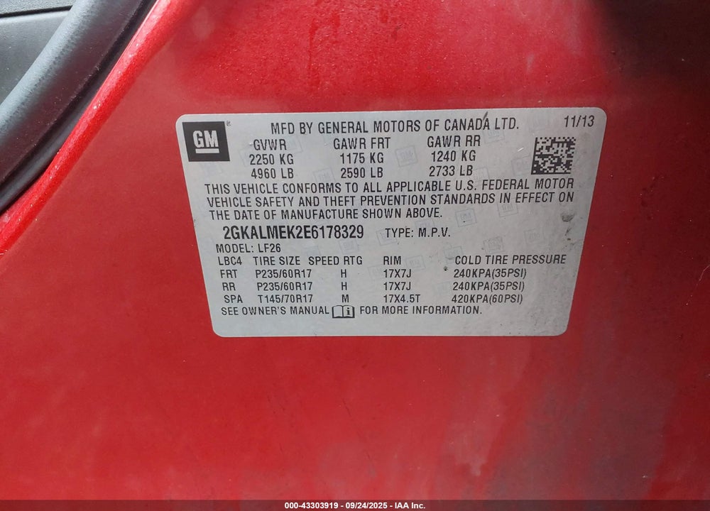 2014 GMC TERRAIN VIN: 2GKALMEK2E6178329
