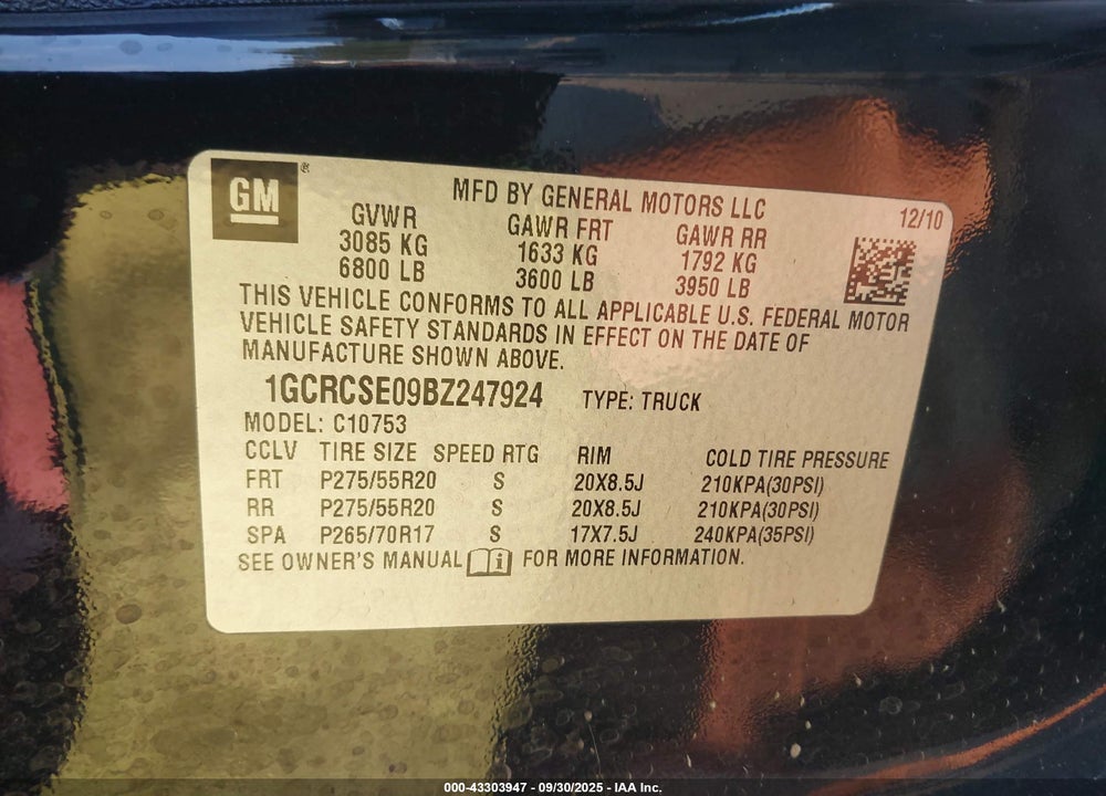 2011 CHEVROLET SILVERADO 1500 LT VIN: 1GCRCSE09BZ247924