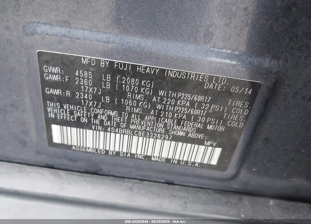 2014 SUBARU OUTBACK 2.5I LIMITED VIN: 4S4BRBLC8E3328297