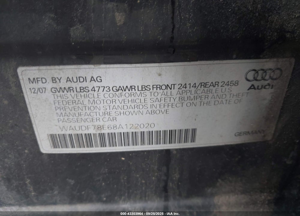 2008 AUDI A4 2.0T VIN: WAUDF78E68A122020