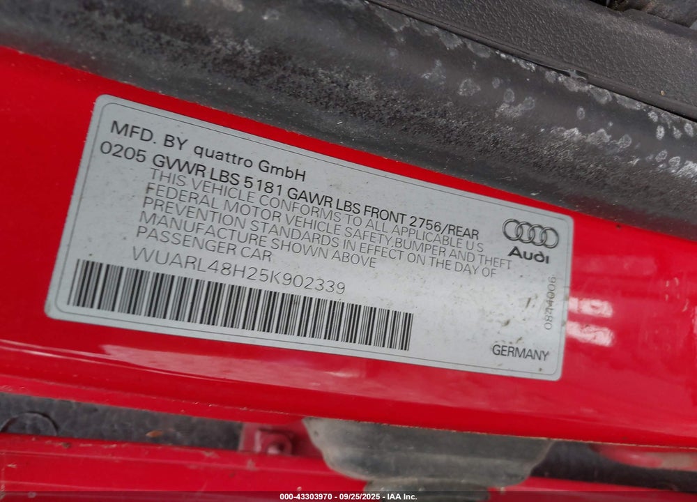 2005 AUDI S4 VIN: WUARL48H25K902339