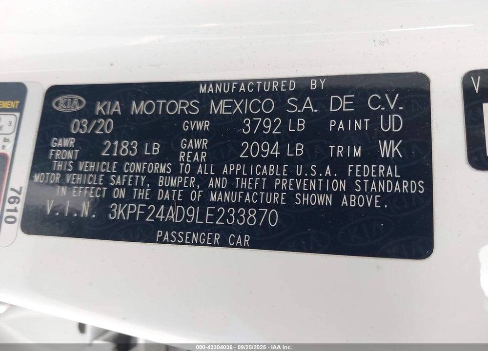 2020 KIA FORTE LXS VIN: 3KPF24AD9LE233870