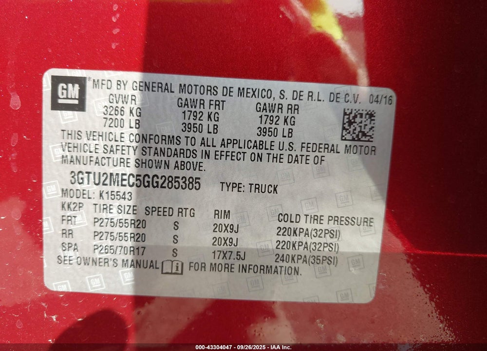 2016 GMC SIERRA 1500 VIN: 3GTU2MEC5GG285385