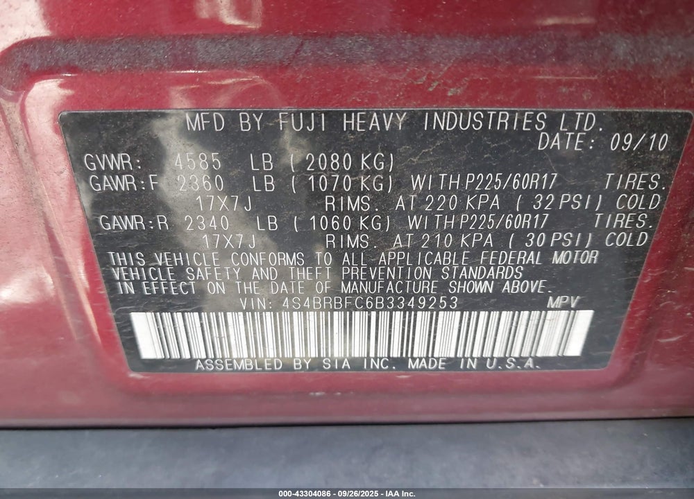 2011 SUBARU OUTBACK VIN: 4S4BRBFC6B3349253