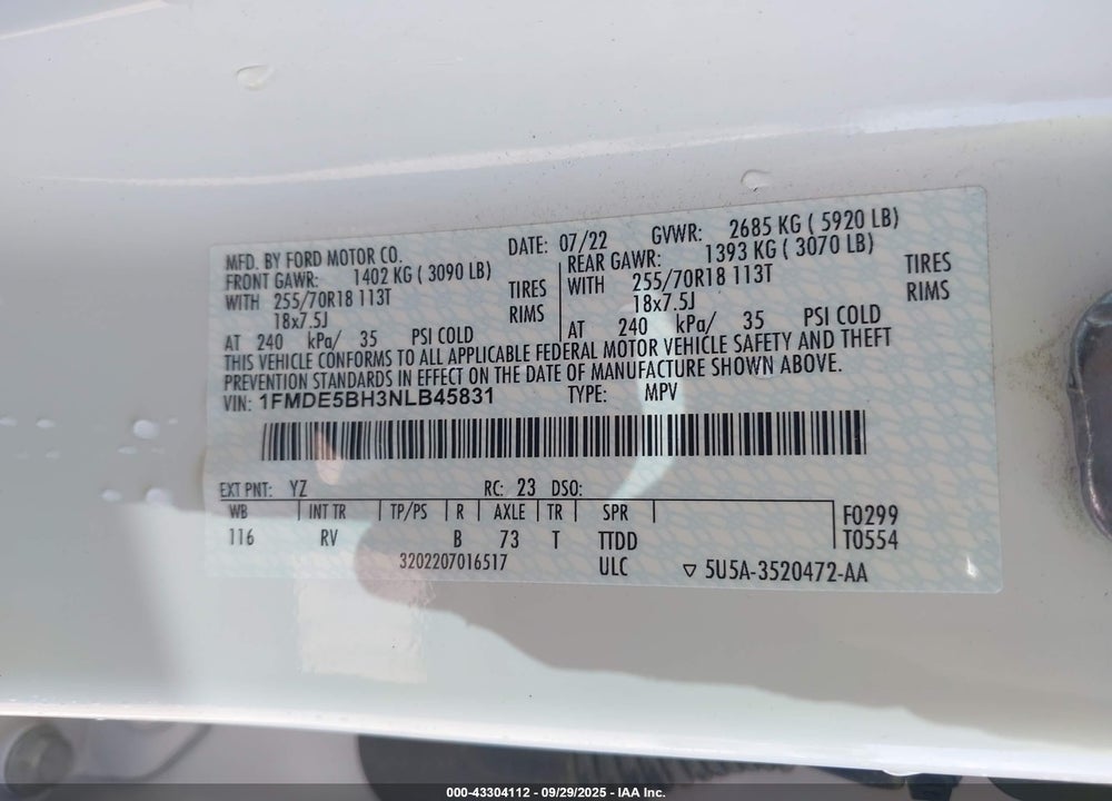 2022 FORD BRONCO OUTER BANKS VIN: 1FMDE5BH3NLB45831