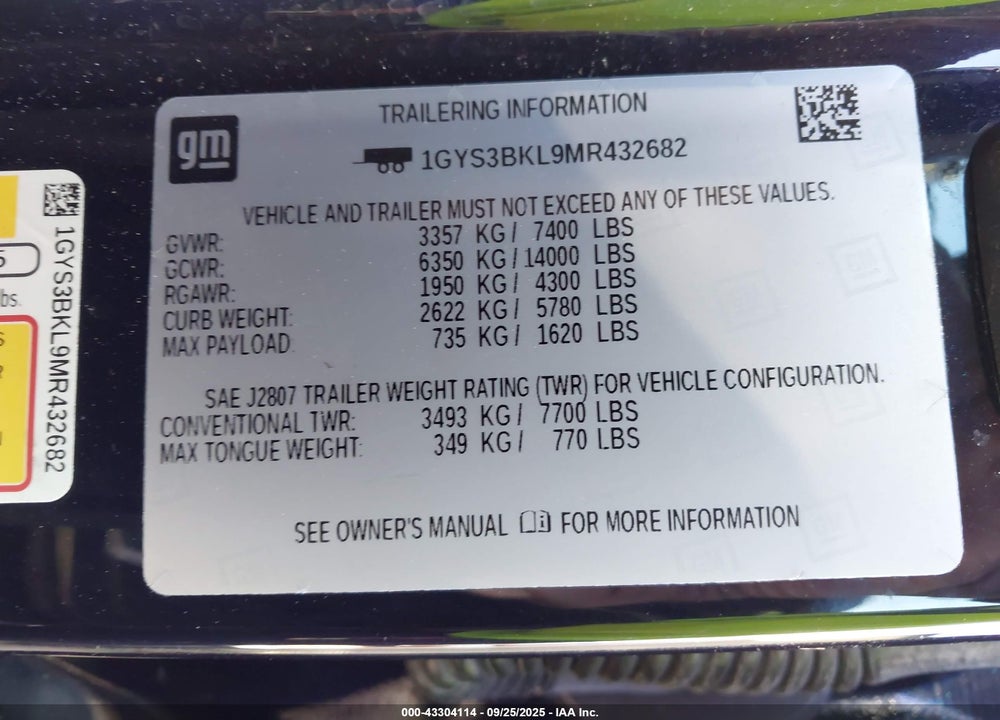 2021 CADILLAC ESCALADE VIN: 1GYS3BKL9MR432682