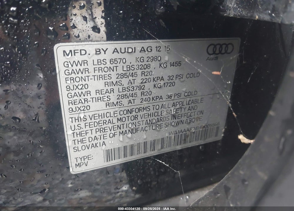 2017 AUDI Q7 VIN: WA1AAAF74HD005566