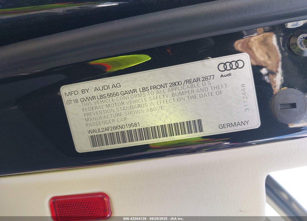 2019 AUDI A6 55 PREMIUM VIN: WAUL2AF26KN019581