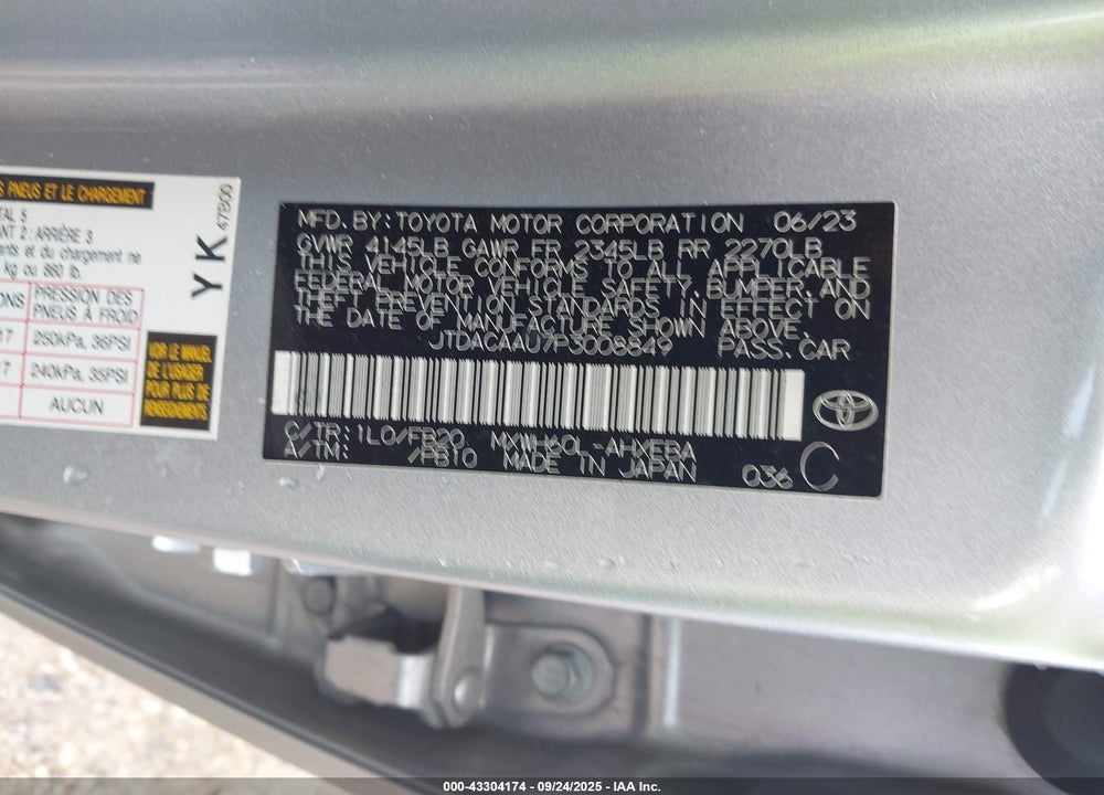 2023 TOYOTA PRIUS VIN: JTDACAAU7P3008849