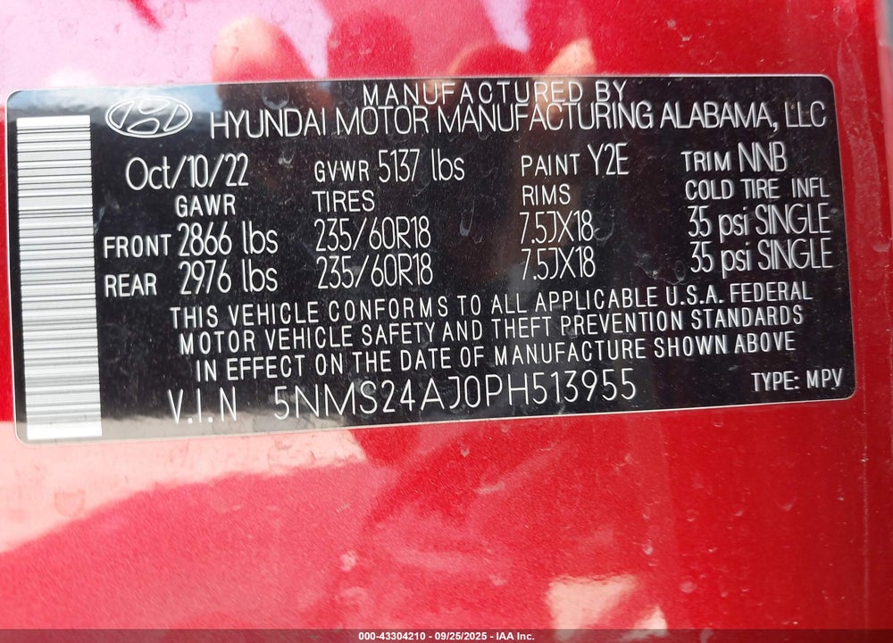 2023 HYUNDAI SANTA FE VIN: 5NMS24AJ0PH513955