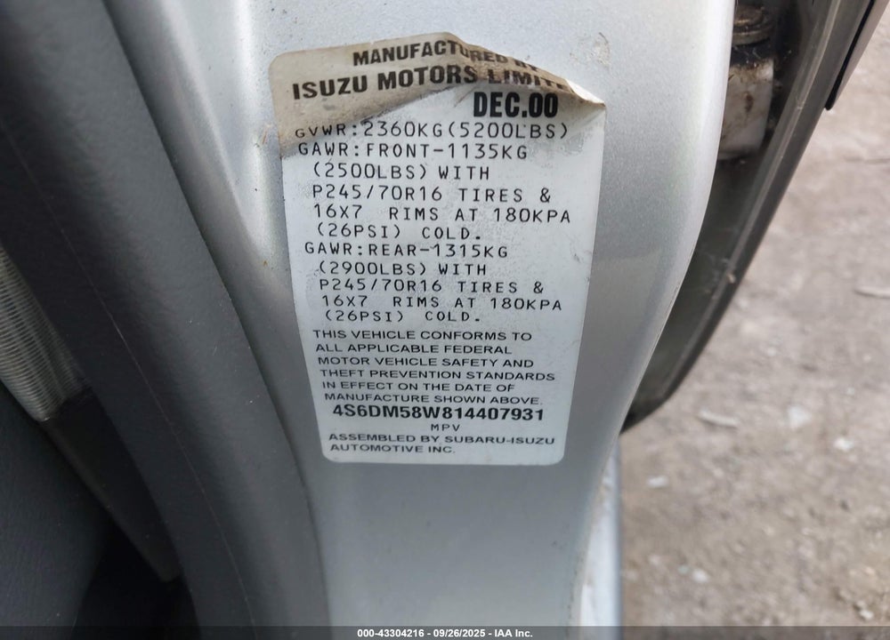 2001 HONDA PASSPORT EX/LX VIN: 4S6DM58W814407931