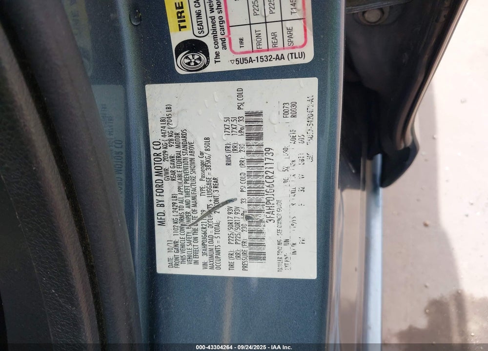 2012 FORD FUSION VIN: 3FAHP0JG6CR211739