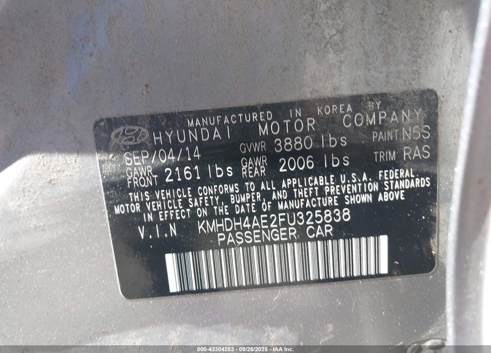 2015 HYUNDAI ELANTRA SE VIN: KMHDH4AE2FU325838