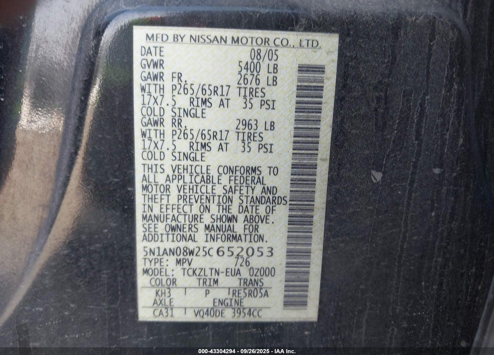 2005 NISSAN XTERRA SE VIN: 5N1AN08W25C652053