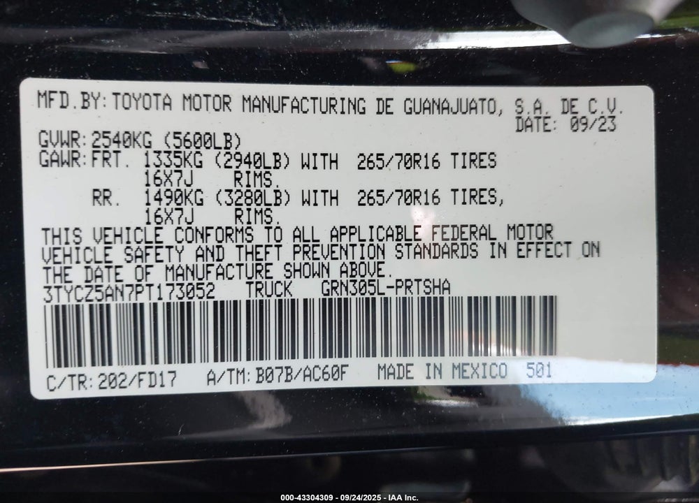 2023 TOYOTA TACOMA TRD OFF ROAD VIN: 3TYCZ5AN7PT173052