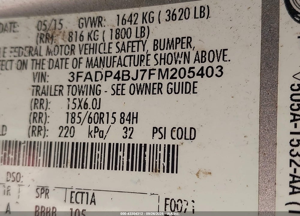 2015 FORD FIESTA VIN: 3FADP4BJ7FM205403