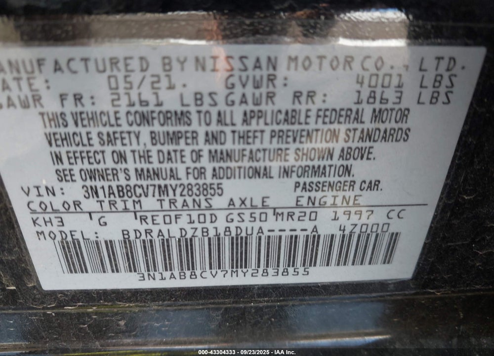 2021 NISSAN SENTRA VIN: 3N1AB8CV7MY283855