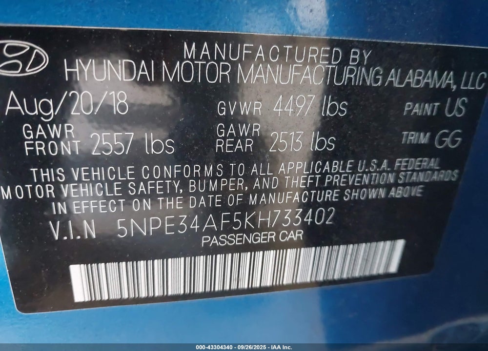 2019 HYUNDAI SONATA VIN: 5NPE34AF5KH733402