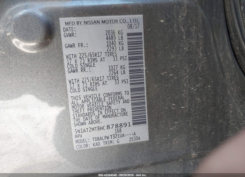 2017 NISSAN ROGUE SPORT VIN: 5N1AT2MT8HC878891