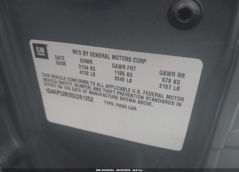 2005 BUICK LESABRE CUSTOM VIN: 1G4HP52K65U261252