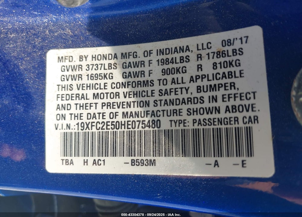 2017 HONDA CIVIC VIN: 19XFC2E50HE075480