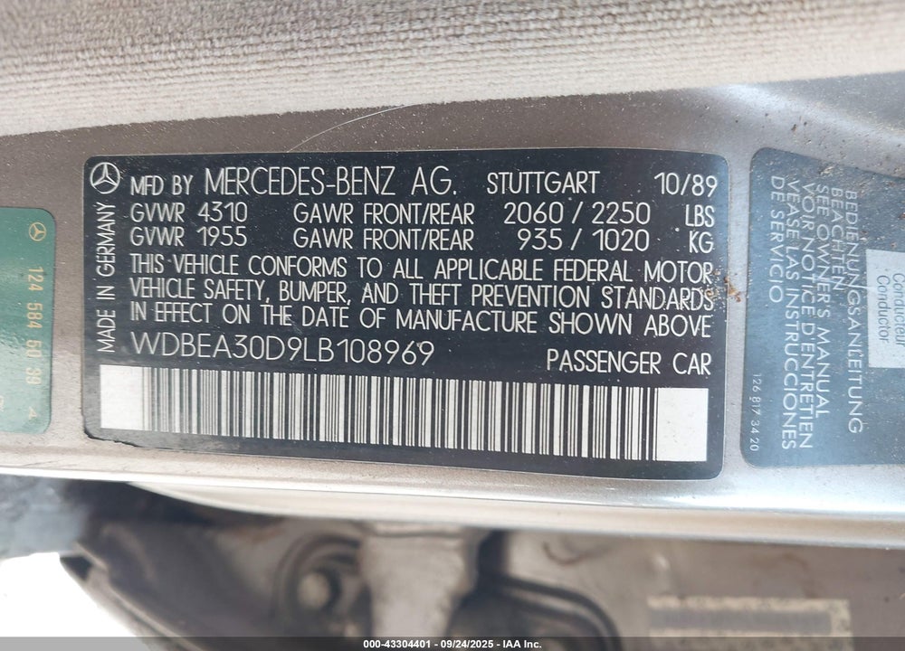 1990 MERCEDES-BENZ 300 E VIN: WDBEA30D9LB108969