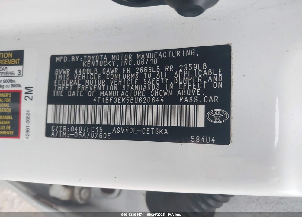 2011 TOYOTA CAMRY VIN: 4T1BF3EK5BU620644